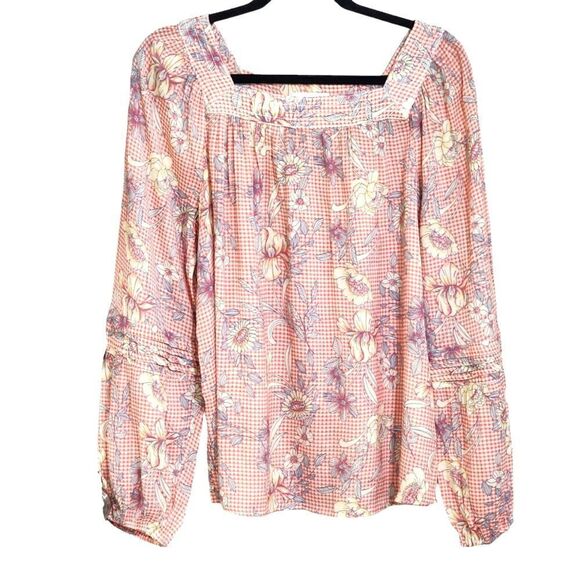 LC Lauren Conrad peach & white gingham square neck top Sz L - Picture 1 of 4